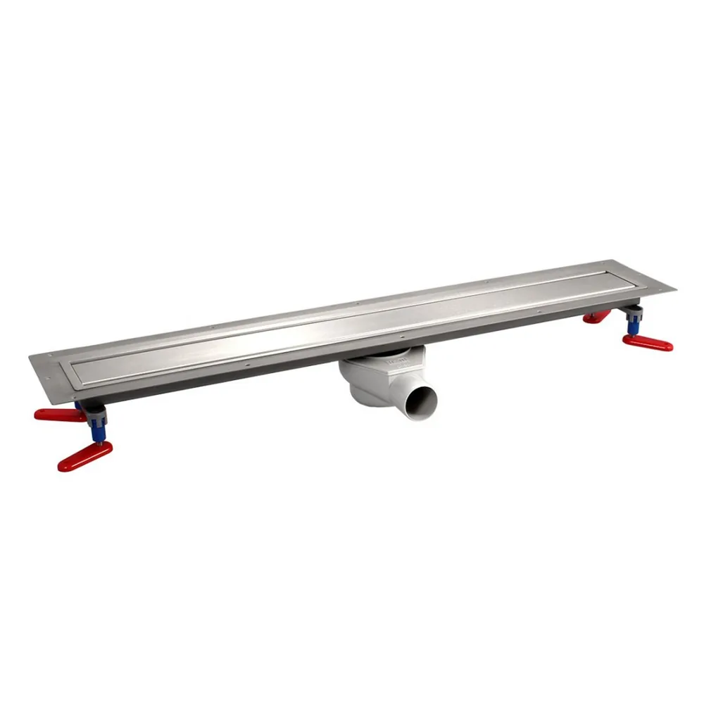 Wiper VF linear drain with its waste trap and adjustable legs